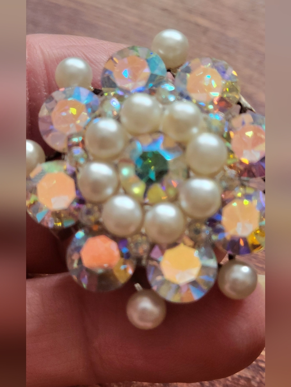 Aurora Borealis Crystal & Pearl Cluster Brooch - White Pearls